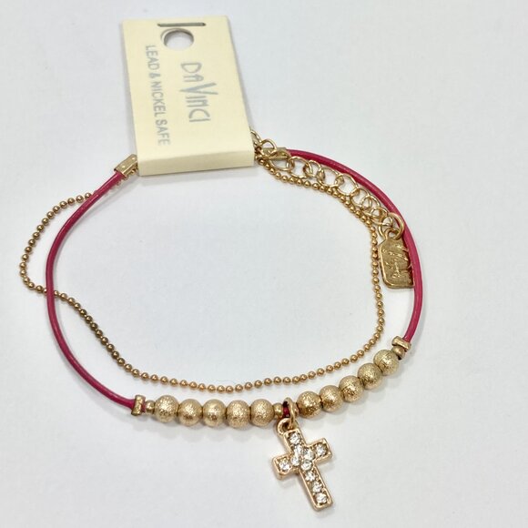 Gold Crytal Cross Charm Bracelet Plated Adjustable Plated 7-9" Chain Cord Dainty - Picture 2 of 13